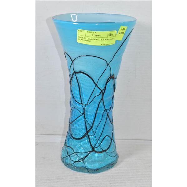TALL BLUE AND BLACK SWIRL ART GLASS VASE