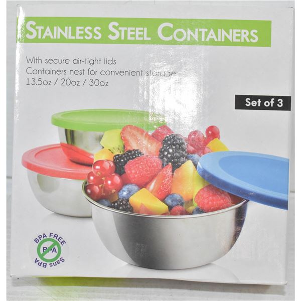 SET OF 3 STAINLESS STEEL STORAGE CONTAINERS WITH