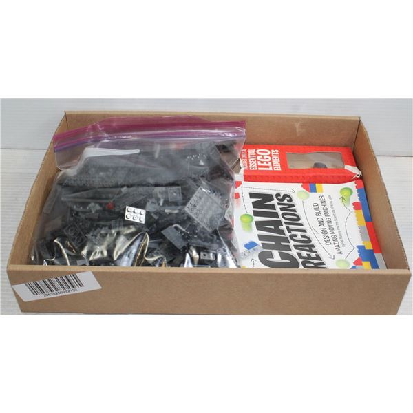 BOX WITH LARGE BAG OF BLACK AND GREY LEGO