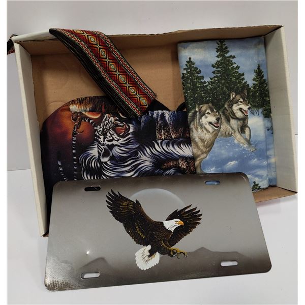 EAGLE LICENSE PLATE, CANVAS BAG, & WOLF DESIGN
