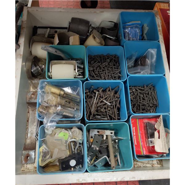 WOOD BOX WITH VARIOUS HARDWARES & MORE