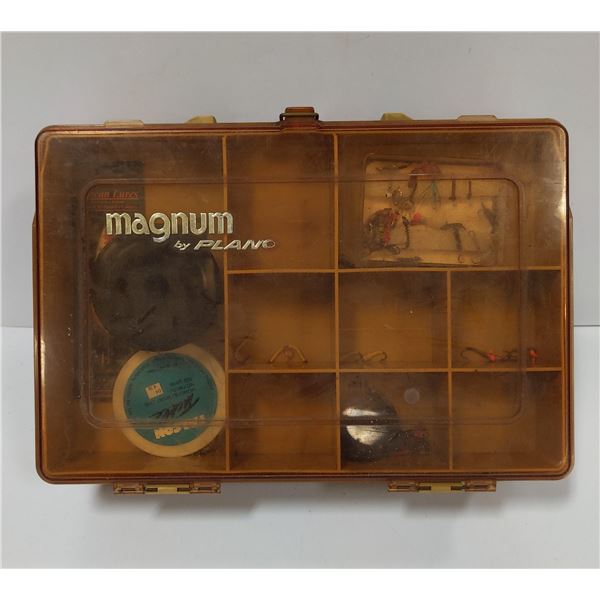 PLANO TACKLE BOX WITH SOME HOOKS, LINE & ASSORTED
