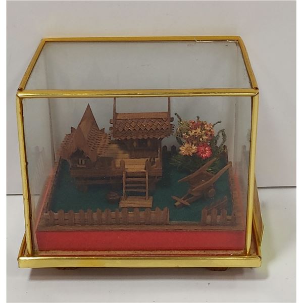 VINTAGE WOOD DIARAMA IN GLASS CASE