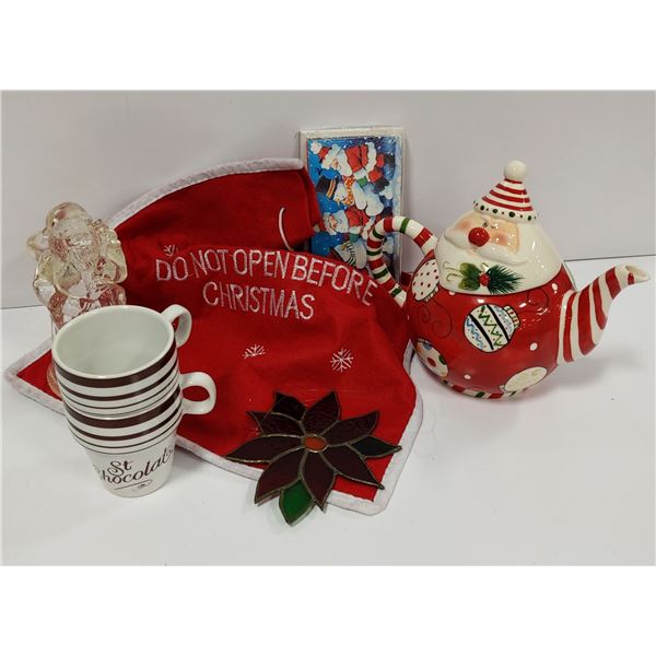 WINKING SANTA TEAPOT WITH MUGS, SANTA CANDLE HOLDE