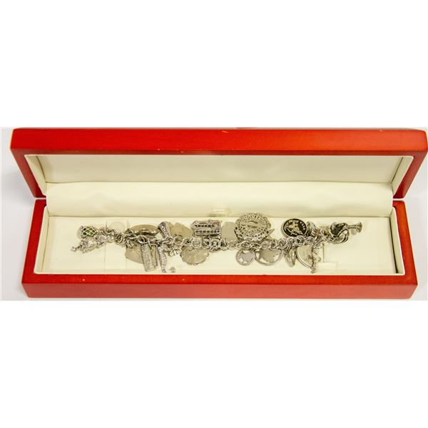 STERLING SILVER CHARM BRACELET W/ 23 CHARMS