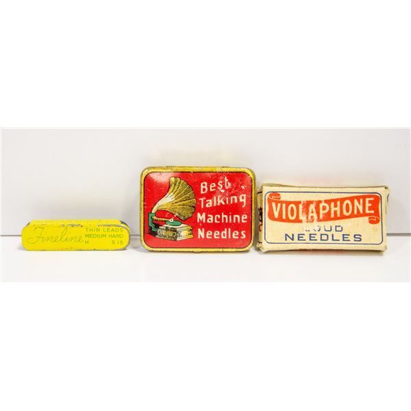 3 TIN + PAPER CONTAINERS W/ SOME NEEDLE TIPS