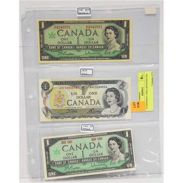 3 X CANADIAN 1 DOLLAR NOTES UNCURCULATED
