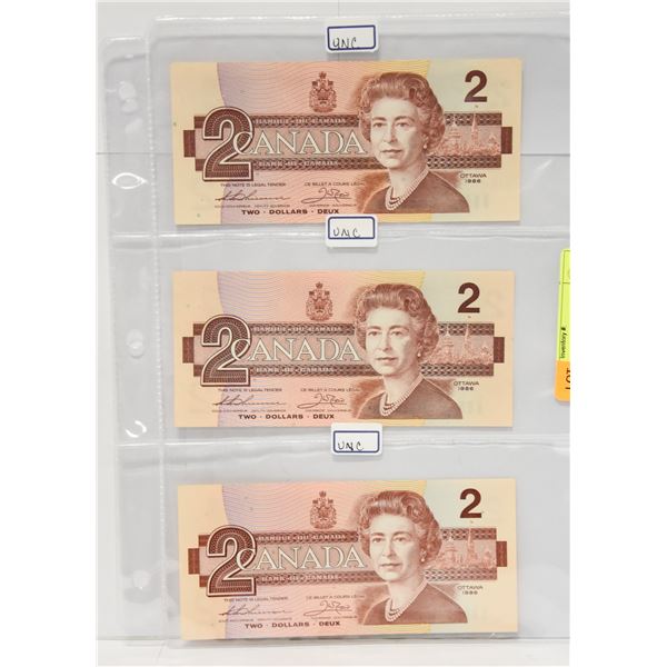 3 X UNCURCULATED 1986 CANADIAN 2 DOLLAR NOTES