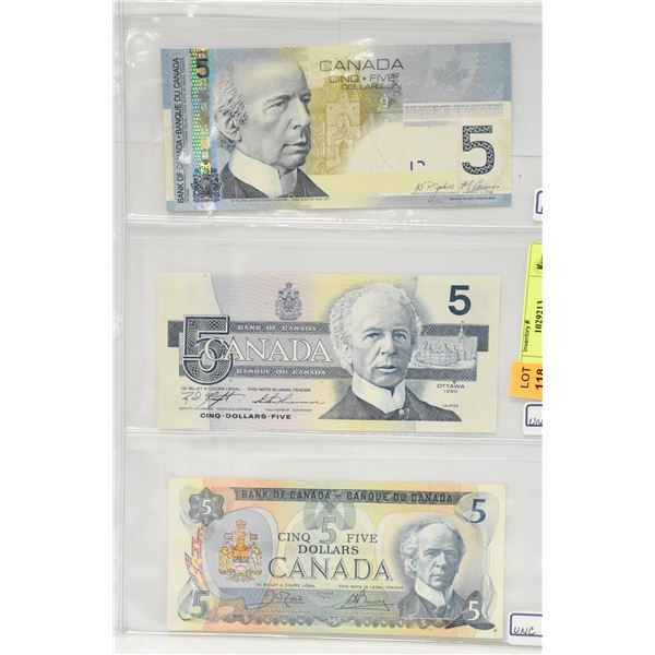 3 X UNCIRCULATED CANADIAN 5 DOLLAR NOTES