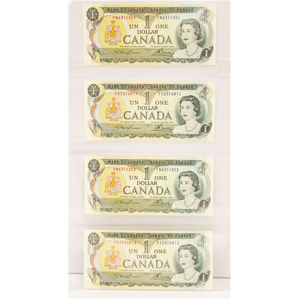4 UNCIRCULATED 1973 ONE DOLLAR CANADIAN BILLS