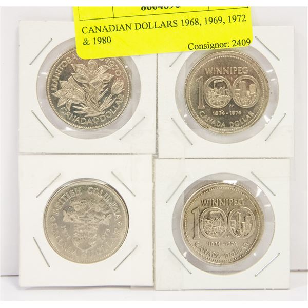 LOT OF 4 CANADIAN DOLLARS 1968, 1969, 1972 & 1980