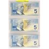 Image 1 : 3 SEQUENTIAL UNCIRCULATED CANADIAN $5 BILLS