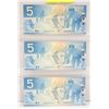 Image 2 : 3 SEQUENTIAL UNCIRCULATED CANADIAN $5 BILLS