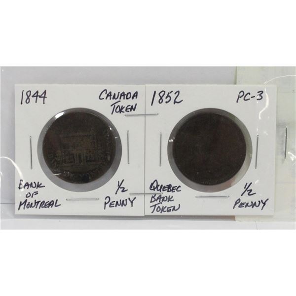 1844 AND 1852 CANADA 1/2 PENNY TOKENS