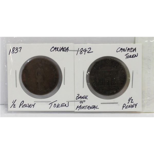 1837 AND 1842 CANADA 1/2 PENNY TOKENS