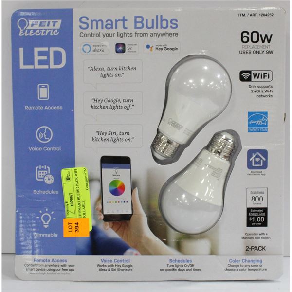 FEIT LED SMART BULBS 2 PACK WIFI CONTROLLABLE