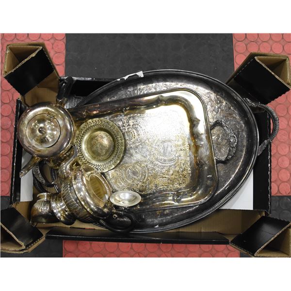 LOT OF VARIOUS SILVER PLATE TRAYS AND TEA POTS