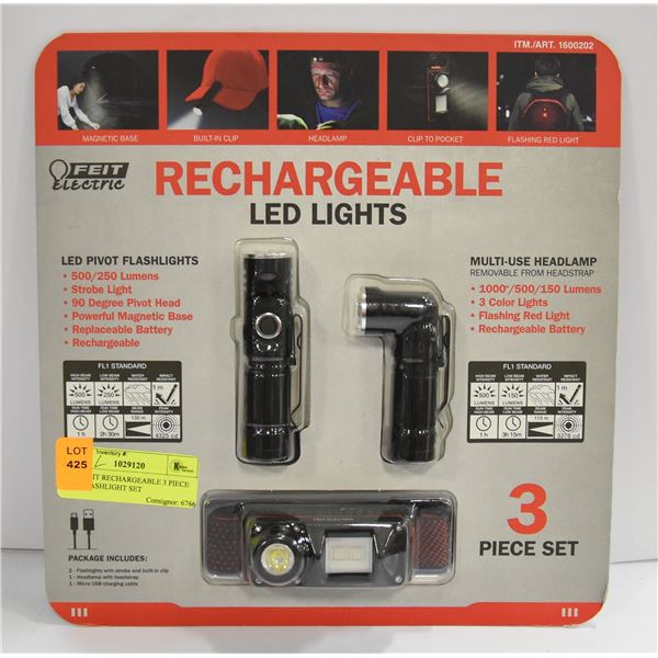 NEW FEIT RECHARGEABLE 3 PIECE LED FLASHLIGHT SET