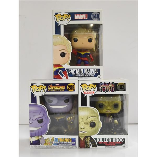 SET OF 3 FUNKO POPS KILLER CROC, CAPTAIN MARVEL