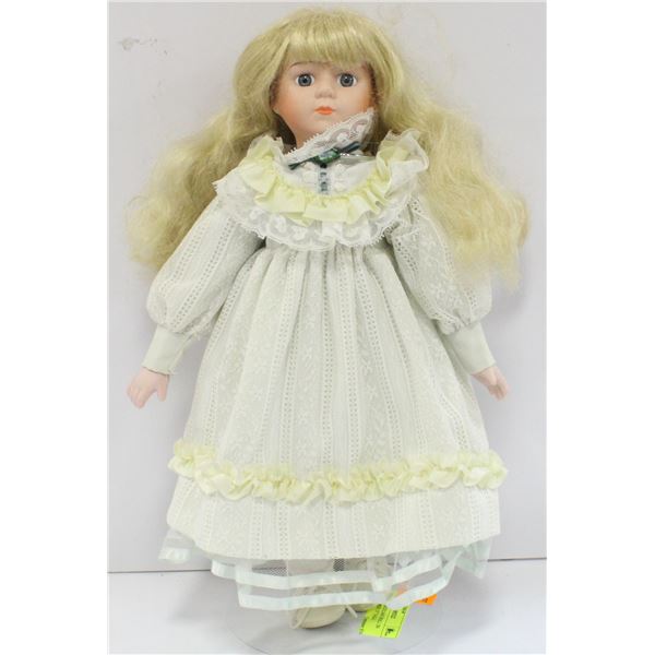 VINTAGE PORCELIAN DOLL ON STAND APPROX 15" TALL