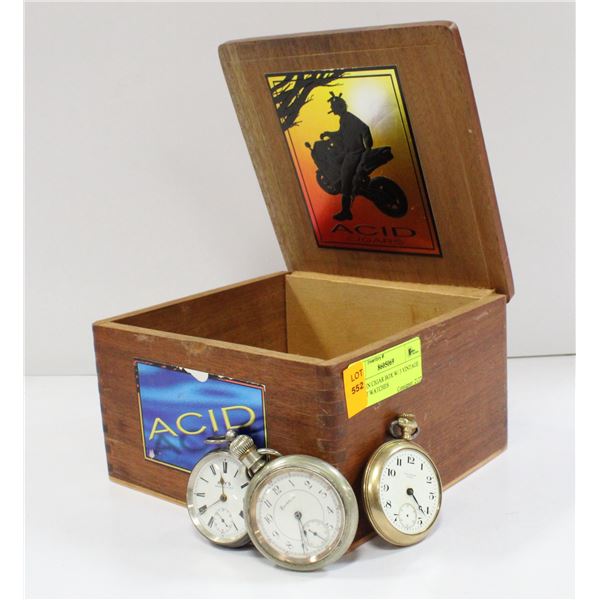 WOODEN CIGAR BOX W/ 3 VINTAGE POCKET WATCHES