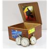Image 1 : WOODEN CIGAR BOX W/ 3 VINTAGE POCKET WATCHES