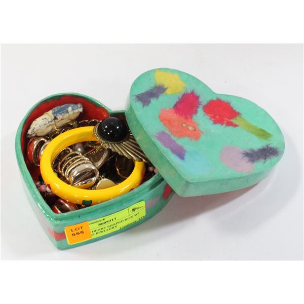 WOODEN HEART SHAPED BOX W/ ASSORTED JEWLLERY