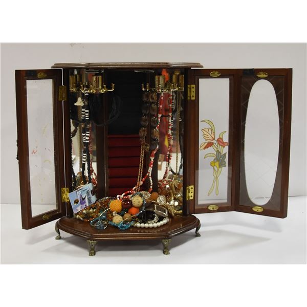 WOODEN JEWLLERY BOX W/ ASSORTED JEWLLERY + MORE