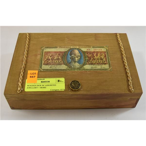 WOODEN BOX W/ ASSORTED JEWLLERY + MORE