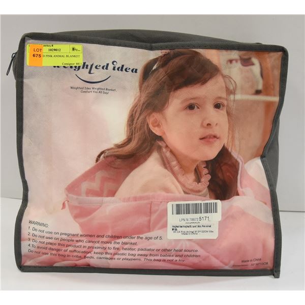 WEIGHTED PINK ANIMAL BLANKET 33" X 30"