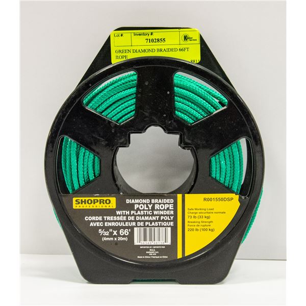 NEW GREEN DIAMOND BRAIDED 66FT ROPE
