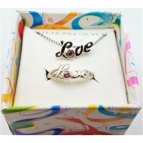 ESTATE 925 SILVER PINK GLASS LOVE NECKLACE RINGSET
