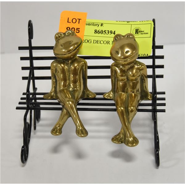 BRASS FROG DECOR PIECES ON BENCH