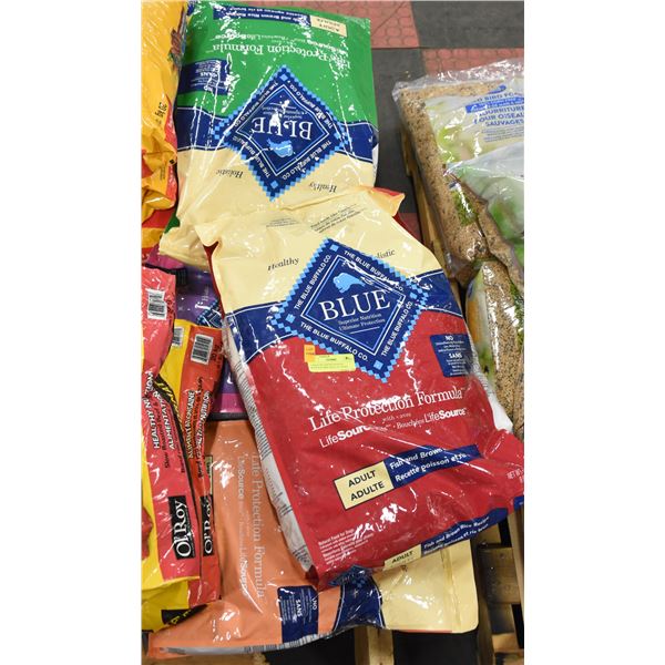 5 BAGS OF ASSORTED BLUE BUFFALO DOG AND CAT FOOD.