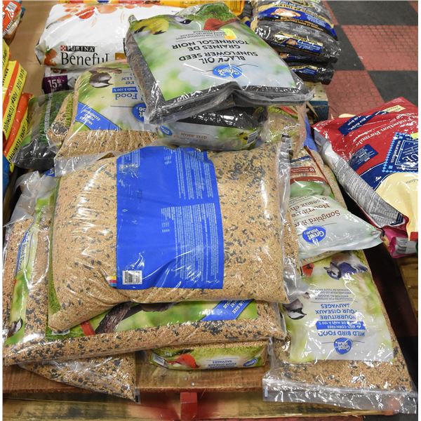 PALLET OF ASSORTED SIZE AND TYPES OF BIRD SEED.