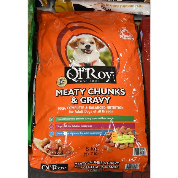 2 BAGS OL'ROY MEATY CHUNKS AND GRAVY 8KG.