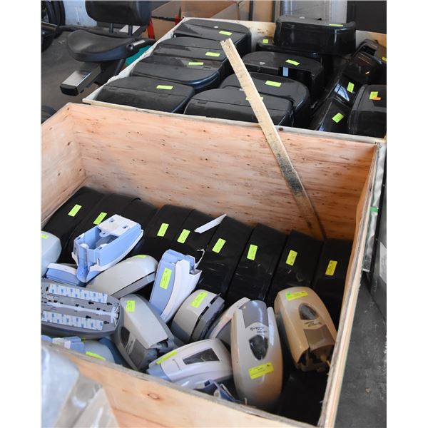 TWO CRATES WITH TOILET PAPER PAPER TOWEL AND