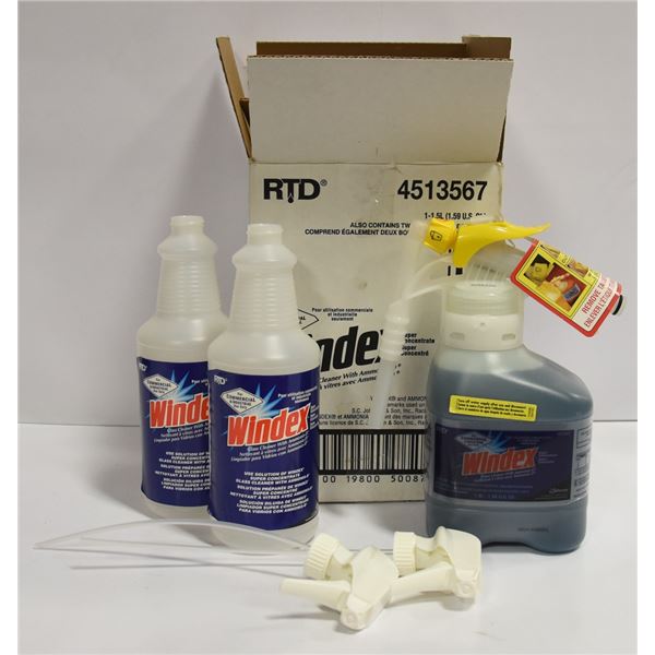 CASE WITH COMMERCIAL WINDEX AND SPRAY BOTTLE.