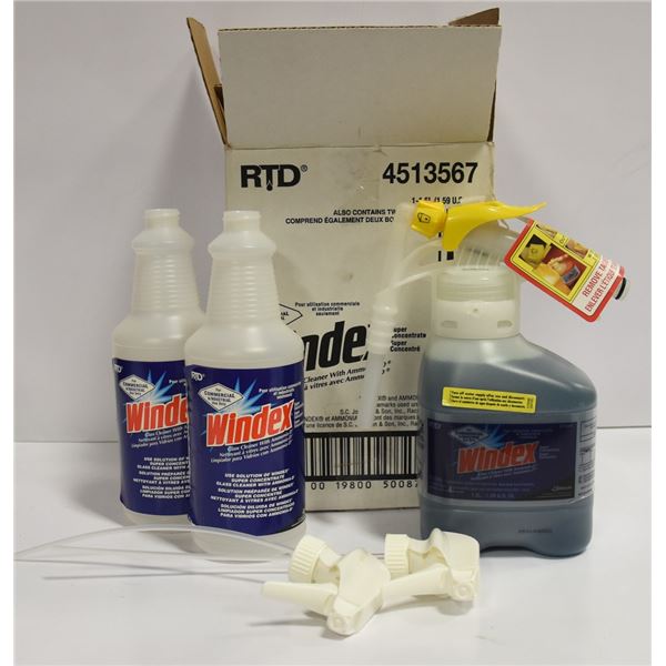 CASE WITH COMMERCIAL WINDEX AND SPRAY BOTTLE.