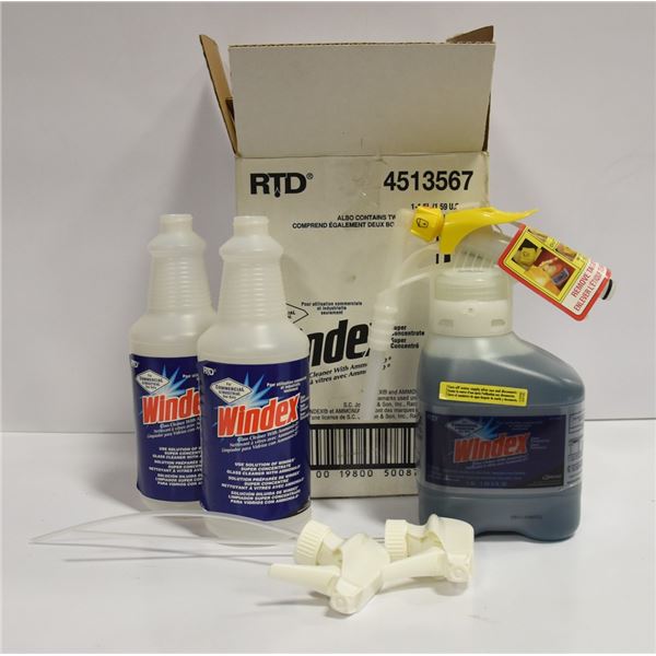 CASE WITH COMMERCIAL WINDEX AND SPRAY BOTTLE.