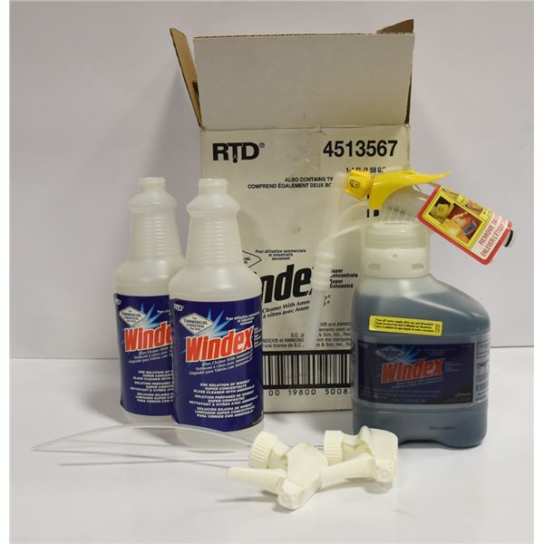 CASE WITH COMMERCIAL WINDEX AND SPRAY BOTTLE.