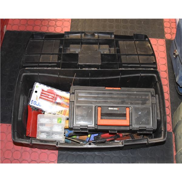 BLACK PLASTIC TOOLBOX W/ CONTENTS