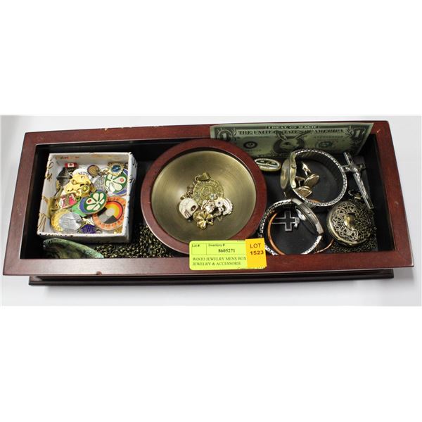 WOOD JEWELRY MENS BOX FULL OF JEWELRY &