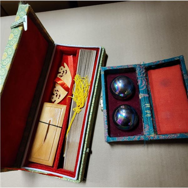 PAIR OF HEXIANG BALLS IN CLOTH BOX + ASIAN THEMED