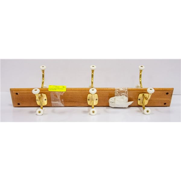 PAIR OF WOOD & BRASS WALL COAT HANGERS