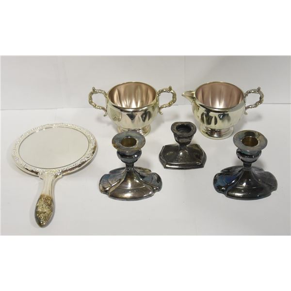 LOT OF ASSORTED SILVER PLATED DISHES + CANDLE