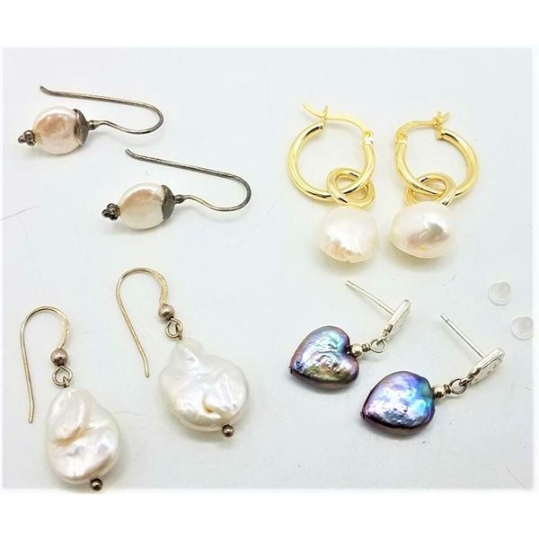 ESTATE 4 PAIRS OFSTAMPED 925 SILVER PEARL EARRINGS