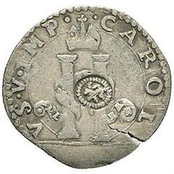 Milano  Carlo V (1535-1556). Denaro da soldi 8 con leone rampante contromarcato al D/
