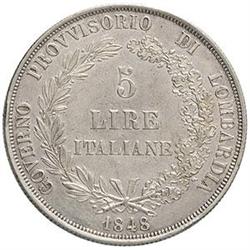 Milano  Governo provvisorio di Lombardia (1848). 5 lire 1848 rami lunghi