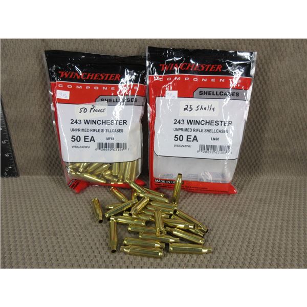 243 Winchester Brass - 2 Bags total of 75 pieces